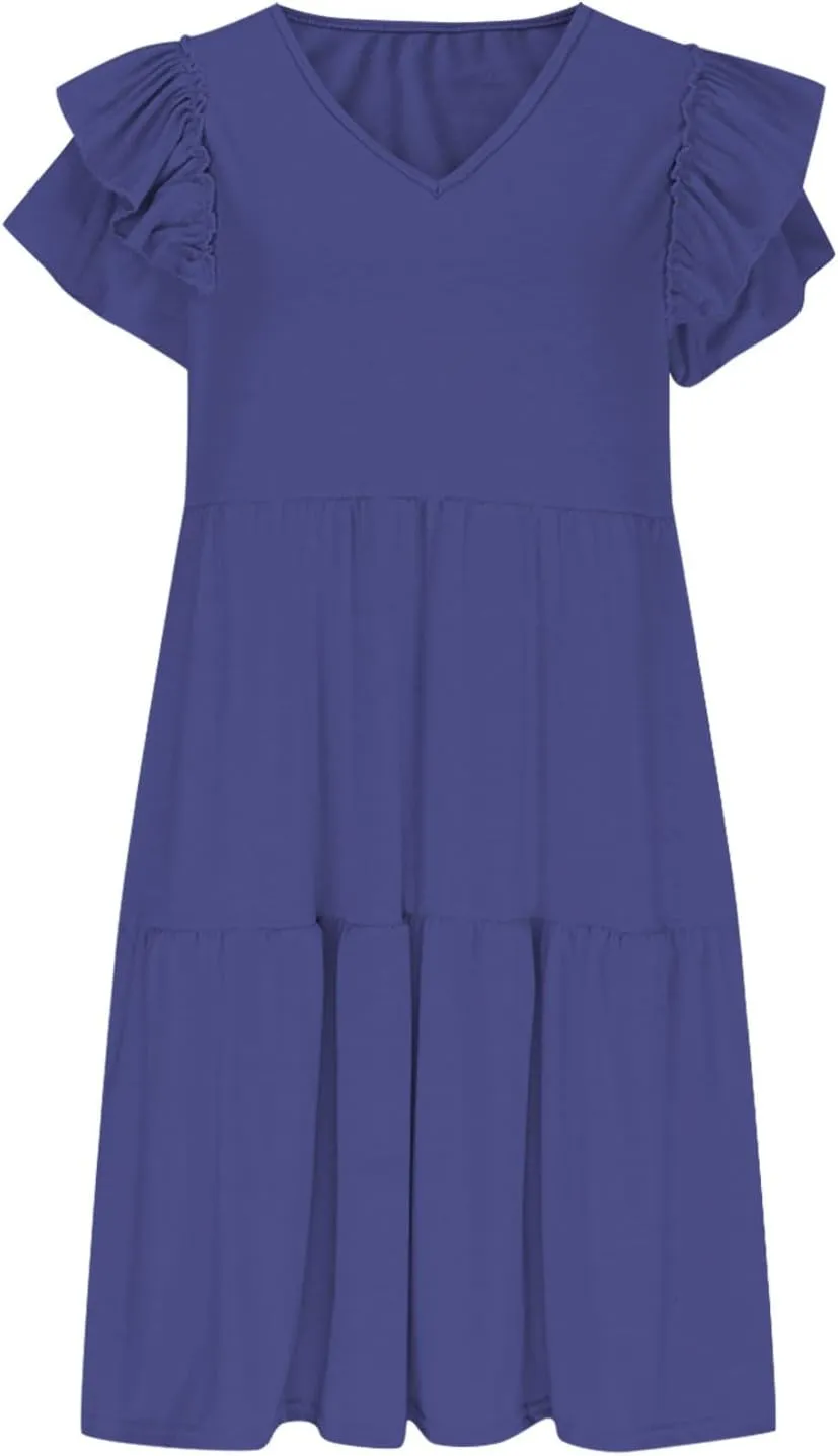 JOAU Women's Flutter Sleeve Summer Dress 2025 Casual V Neck Ruffle Flowy Tiered Knee Length A-Line Beach Vacation Sundress
