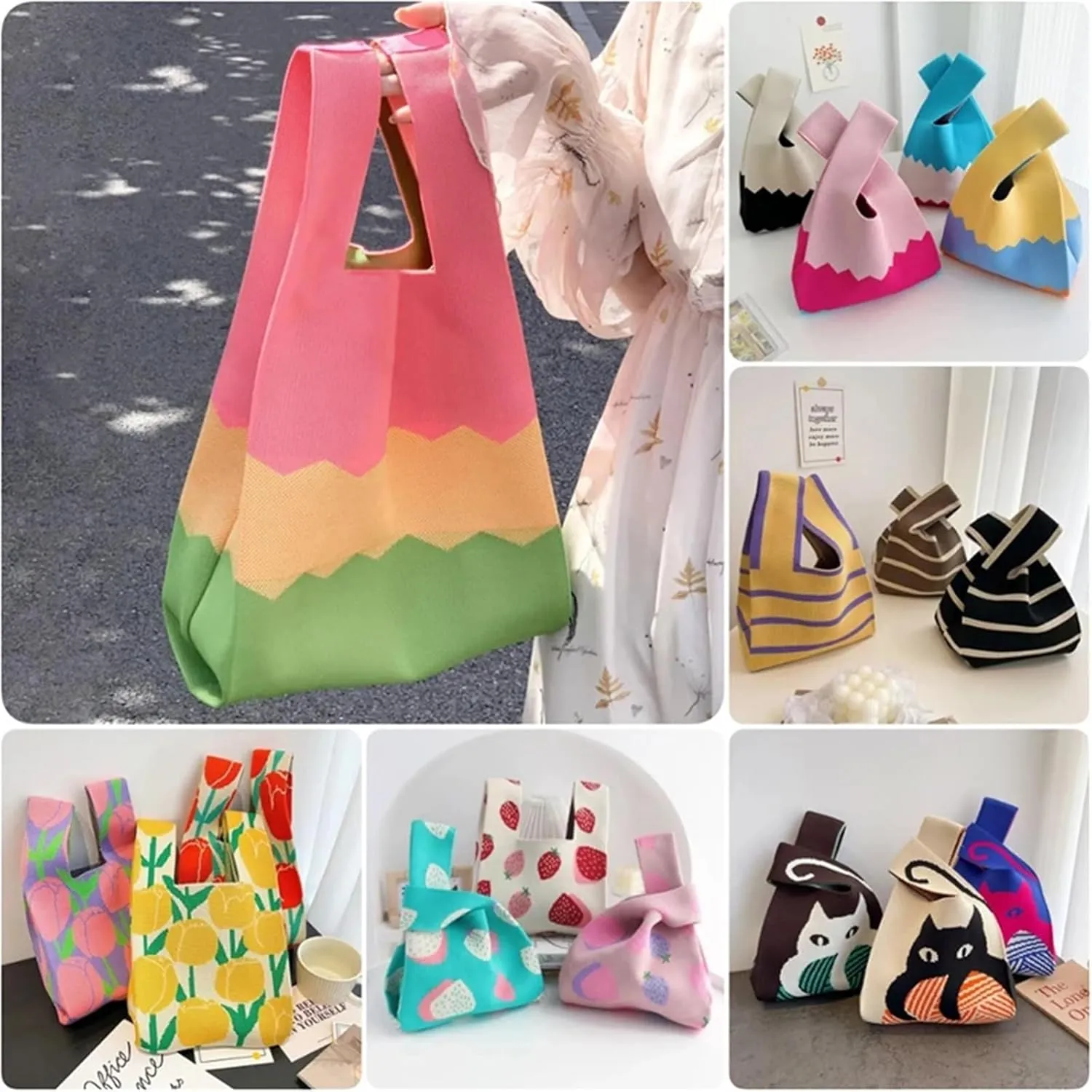 Knot Wrist Bag Fashion Handmade Knit Handbags Women Mini Knot Wrist Bag Casual Tote Bag Reusable Shopping Bags