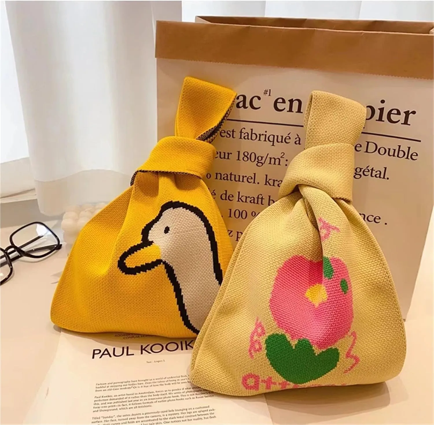 Knot Wrist Bag Fashion Handmade Knit Handbags Women Mini Knot Wrist Bag Casual Tote Bag Reusable Shopping Bags