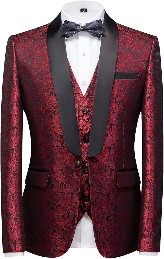 KUDORO Mens Suits Slim Fit 3 Piece Tuxedo Suit Set for Prom Wedding Party Paisley Jacket Vest Pants Homecoming Outfit