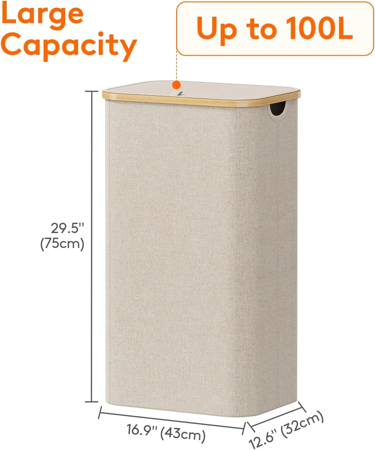 Lifewit 100L Laundry Basket with Lid, Clothes Hampers for Laundry with Bamboo Handles and A Removable Bag, Large Foldable Laundry Hamper for Bedroom, Bathroom, Dorm, Laundry Room, Beige