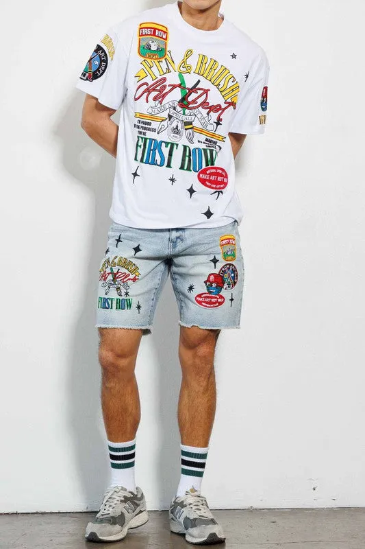Light Stone Tint Pen & Brush Art Dept. Multi Patch Denim Shorts