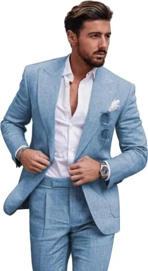 Linen Suit for Men 2 Pieces Slim Fit Casual Suits Groomsmen Tuxedos Wedding Party Blazer Pants Set