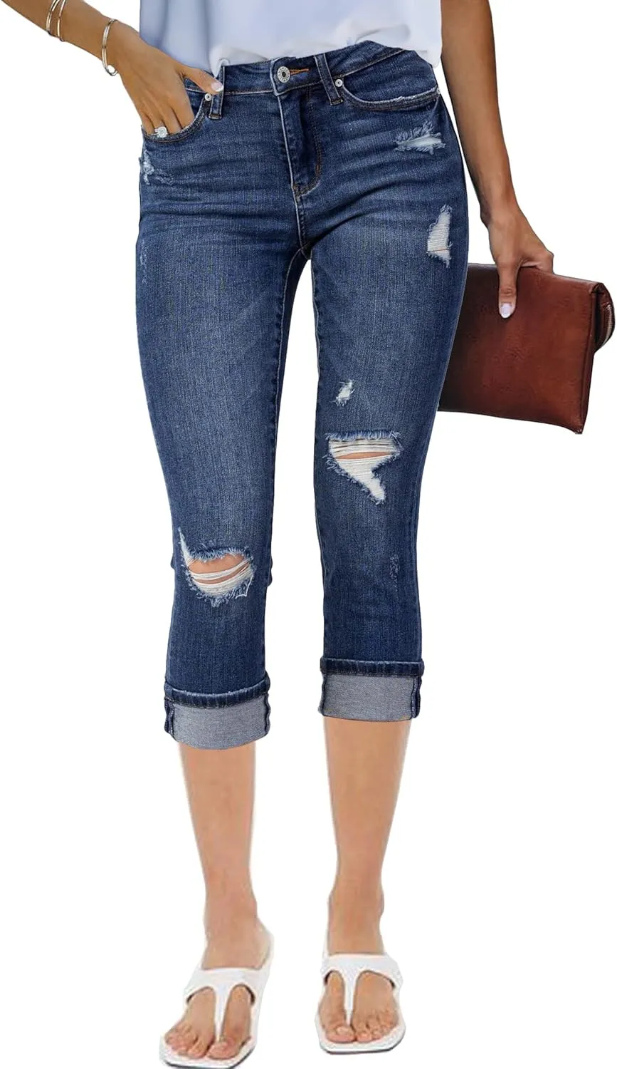 luvamia Capri Jeans for Women Stretch High Waisted Distressed Denim Capris Ripped Skinny Cropped Pants