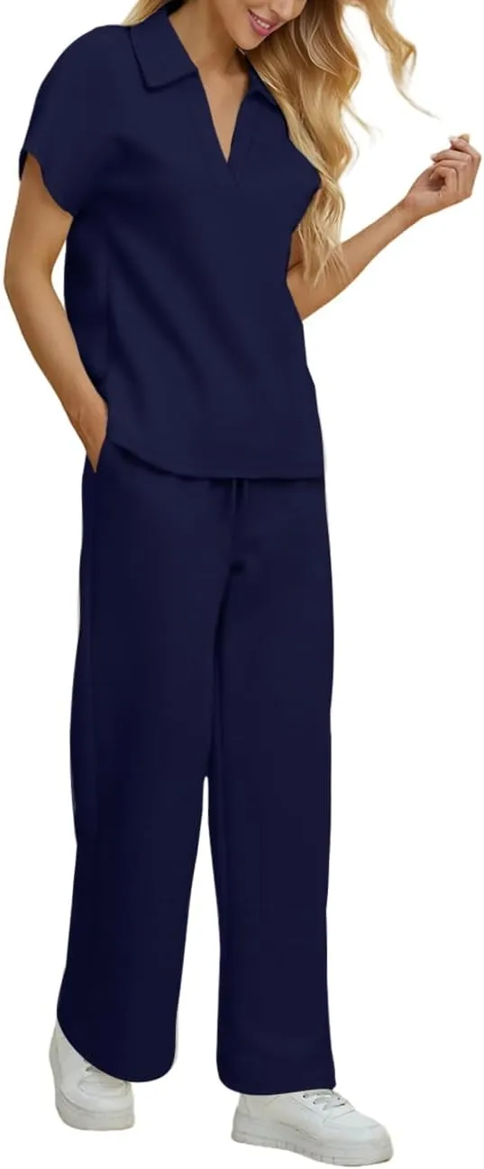 MAYFASEY Women 2 Piece Outfits Sweatsuit Set Short Sleeve Polo Top Wide Leg Pants Tracksuits Set Travel Matching Outfit