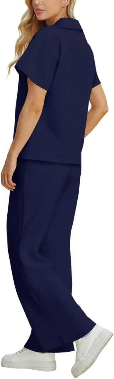 MAYFASEY Women 2 Piece Outfits Sweatsuit Set Short Sleeve Polo Top Wide Leg Pants Tracksuits Set Travel Matching Outfit