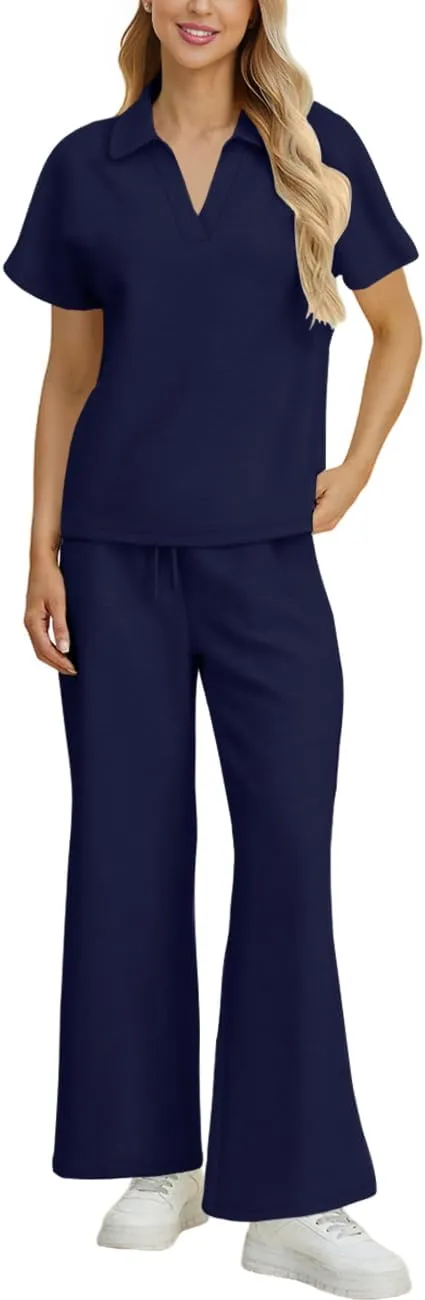 MAYFASEY Women 2 Piece Outfits Sweatsuit Set Short Sleeve Polo Top Wide Leg Pants Tracksuits Set Travel Matching Outfit