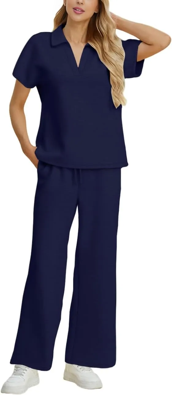 MAYFASEY Women 2 Piece Outfits Sweatsuit Set Short Sleeve Polo Top Wide Leg Pants Tracksuits Set Travel Matching Outfit