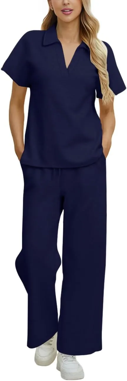 MAYFASEY Women 2 Piece Outfits Sweatsuit Set Short Sleeve Polo Top Wide Leg Pants Tracksuits Set Travel Matching Outfit