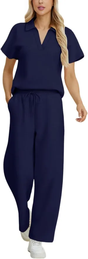 MAYFASEY Women 2 Piece Outfits Sweatsuit Set Short Sleeve Polo Top Wide Leg Pants Tracksuits Set Travel Matching Outfit