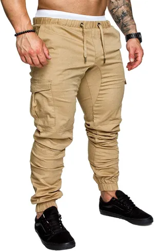 Men Cargo Chino Pants Drawstring Elastic Military Outdoor Slim Sweatpants Khaki Size L