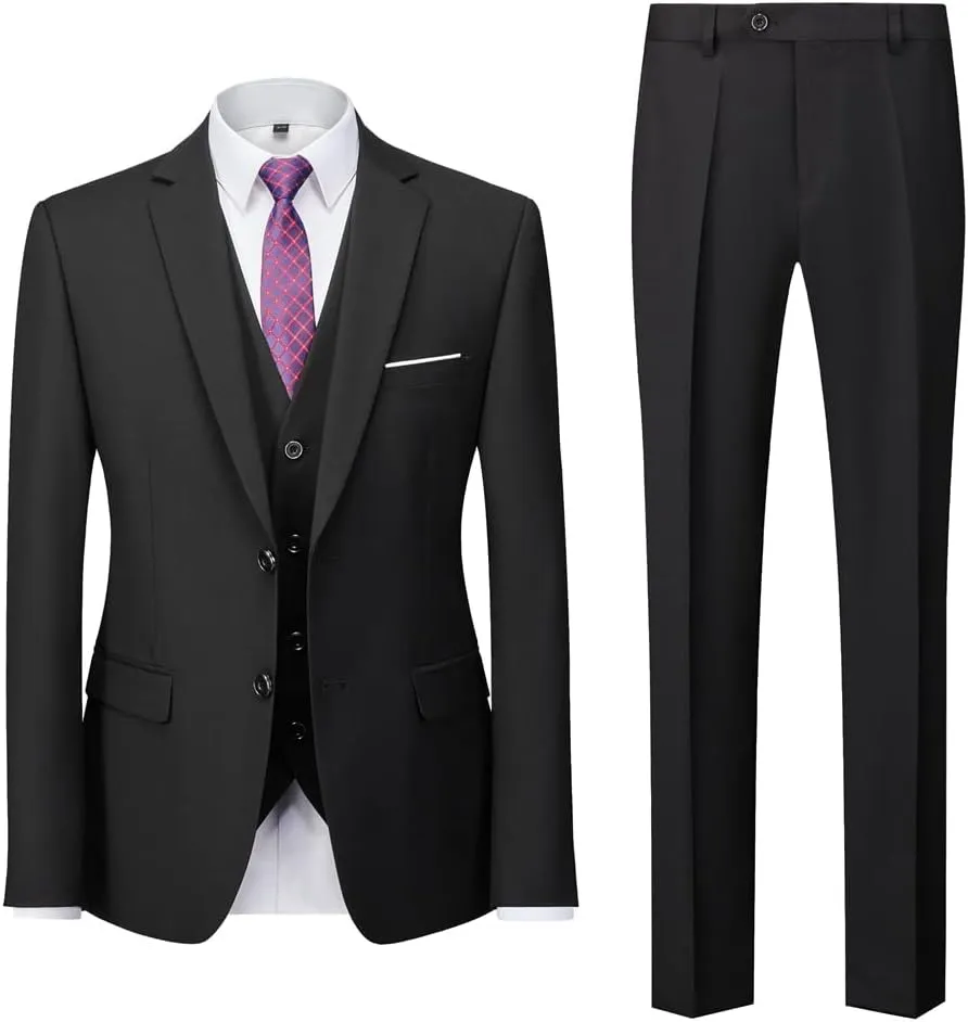 Men's Casual Business Suit 3-Piece Men's Two-Button Suit Pants Pants Undershirt Undershirt(D,Asian L is EUR S)