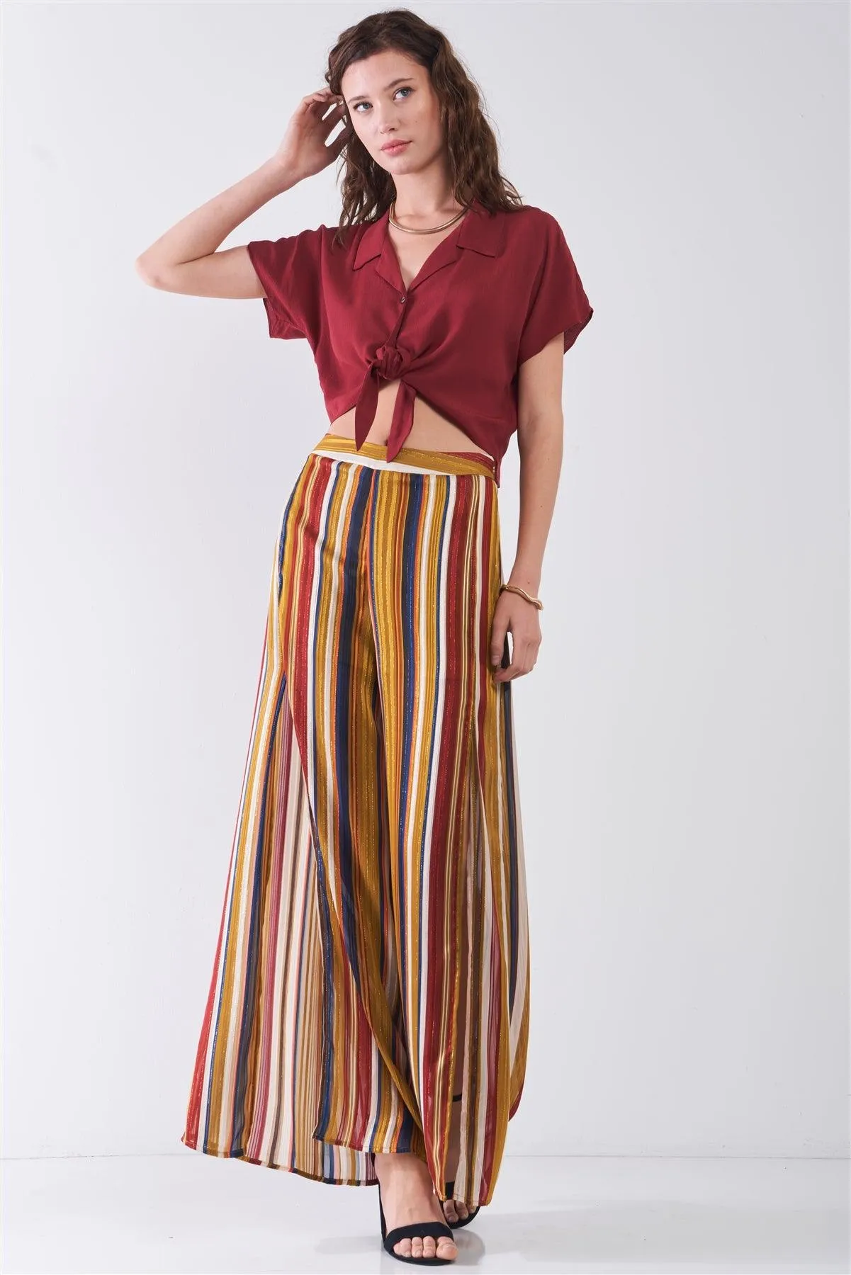 Mustard Multicolor Striped Glitter Stitching High Waist Side Slit Detail Wide Leg Pants /3-2-1