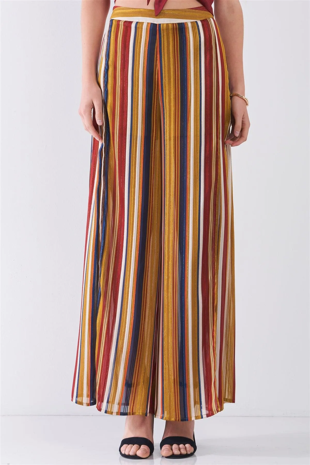 Mustard Multicolor Striped Glitter Stitching High Waist Side Slit Detail Wide Leg Pants /3-2-1