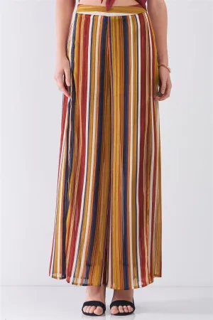 Mustard Multicolor Striped Glitter Stitching High Waist Side Slit Detail Wide Leg Pants /3-2-1