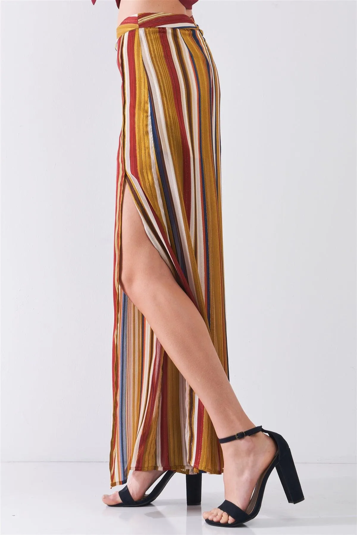 Mustard Multicolor Striped Glitter Stitching High Waist Side Slit Detail Wide Leg Pants /3-2-1
