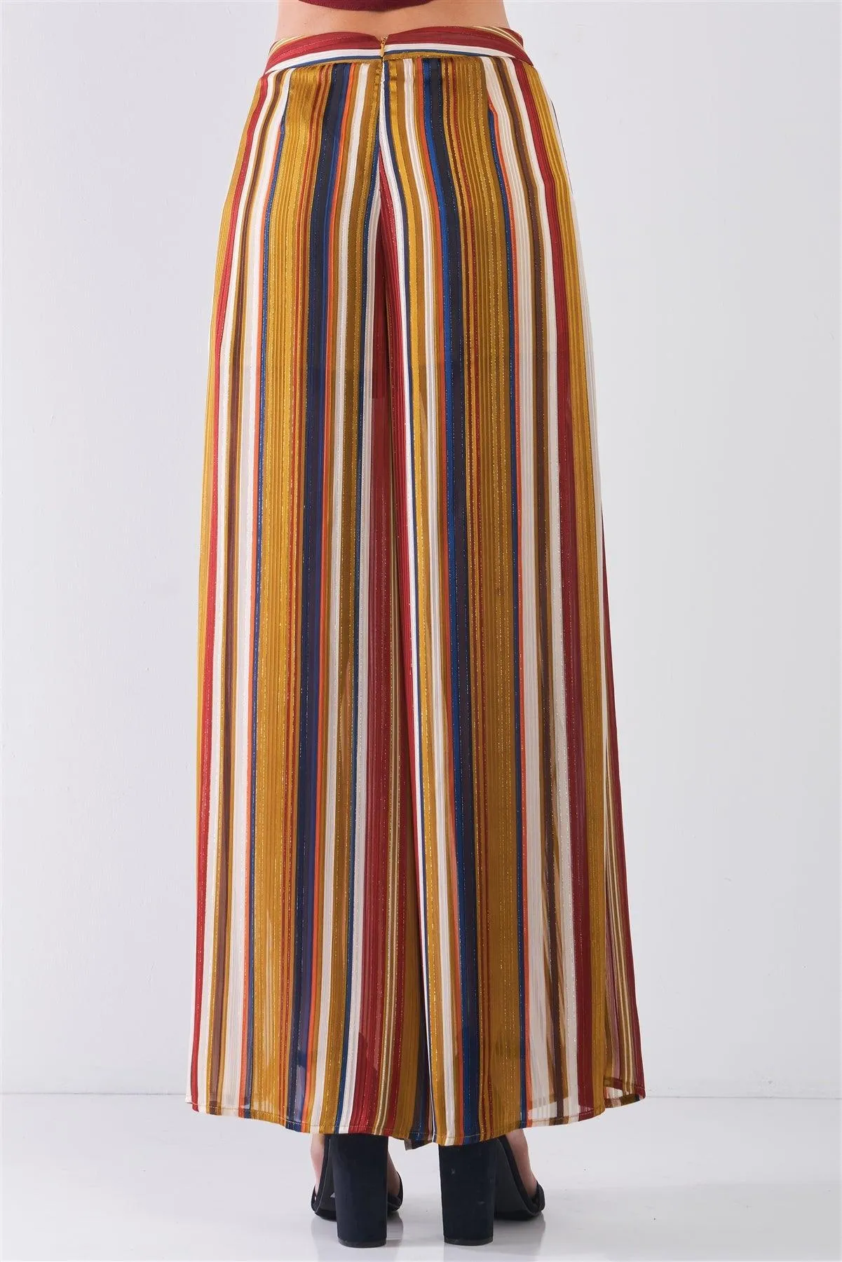 Mustard Multicolor Striped Glitter Stitching High Waist Side Slit Detail Wide Leg Pants /3-2-1
