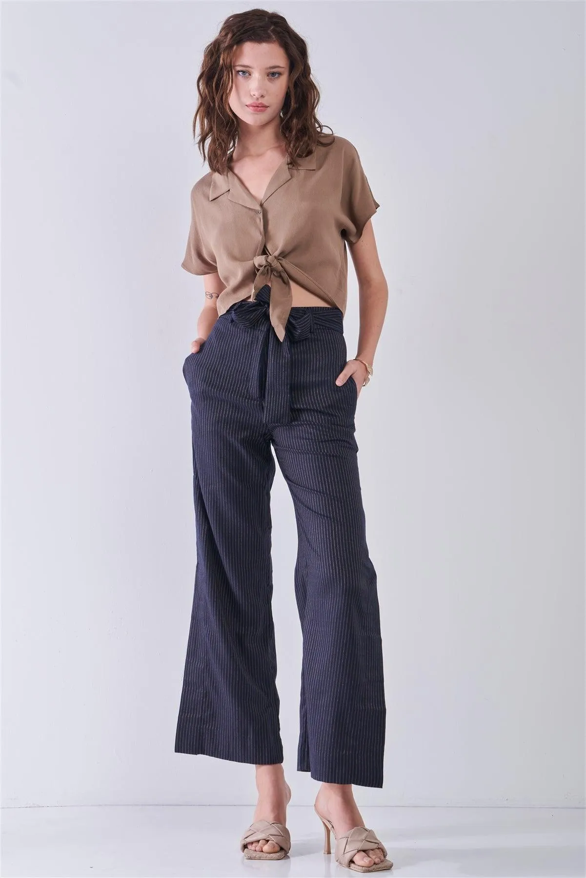 Navy & Gold Striped High Waist Detachable Self-Tie Belt Slit Sides Detail Wide Leg Pants /3-2-1