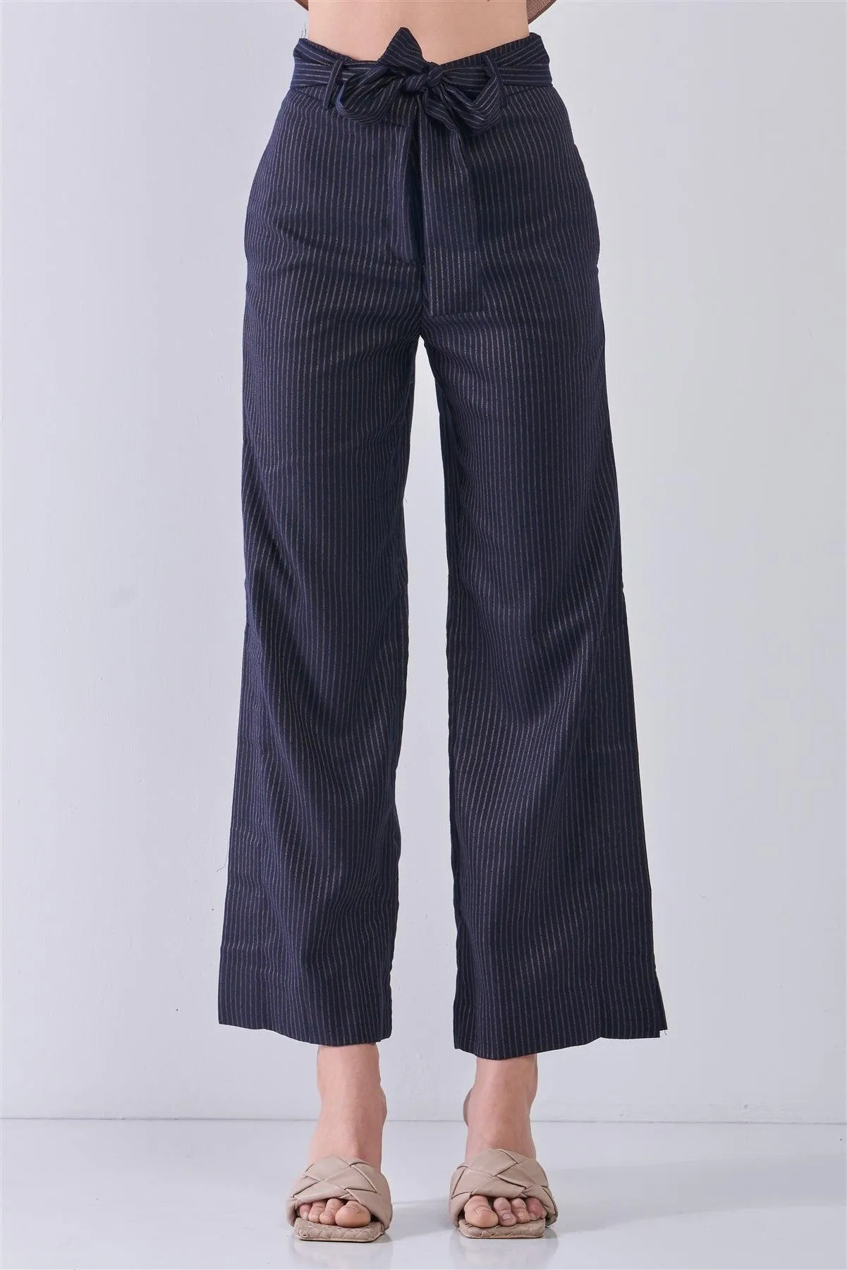 Navy & Gold Striped High Waist Detachable Self-Tie Belt Slit Sides Detail Wide Leg Pants /3-2-1