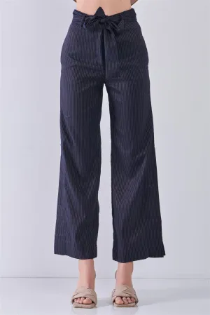 Navy & Gold Striped High Waist Detachable Self-Tie Belt Slit Sides Detail Wide Leg Pants /3-2-1