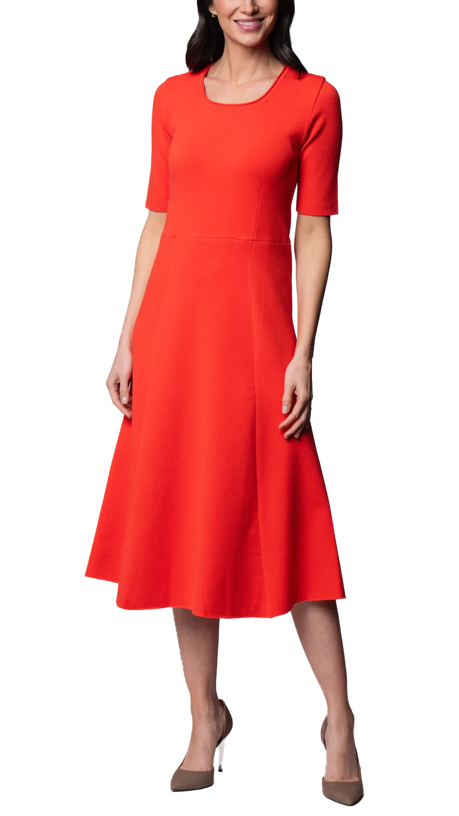 Nora Milano Knit Short Sleeved Fit-And-Flare Midi Dress - Bright Orange / Fall Pre-Order