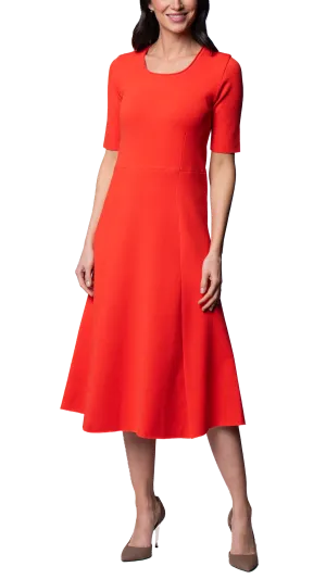 Nora Milano Knit Short Sleeved Fit-And-Flare Midi Dress - Bright Orange / Fall Pre-Order