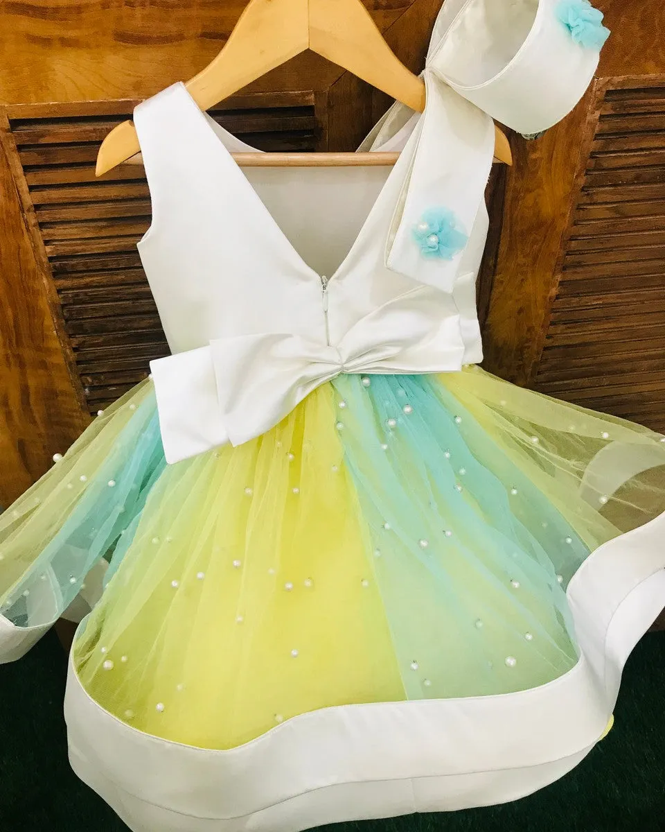 Pre-Order: Big Stylish Bow with pleated embroidered Frock