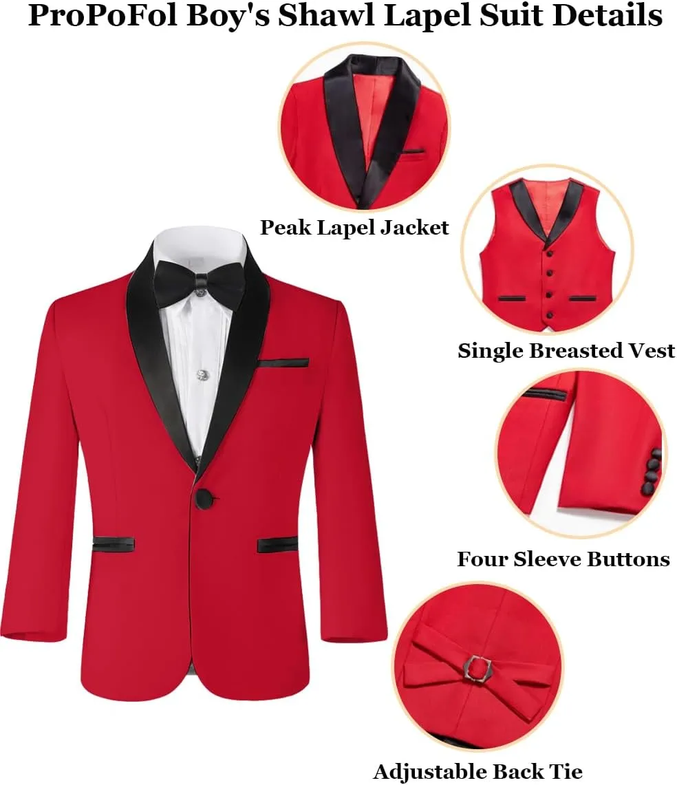 ProPoFol Boys Tuxedo 3 Piece Suit Set,Shawl Lapel Slim Fit Suit for Boys Wedding Outfit Blazer Vest Pants Set with Bow Tie