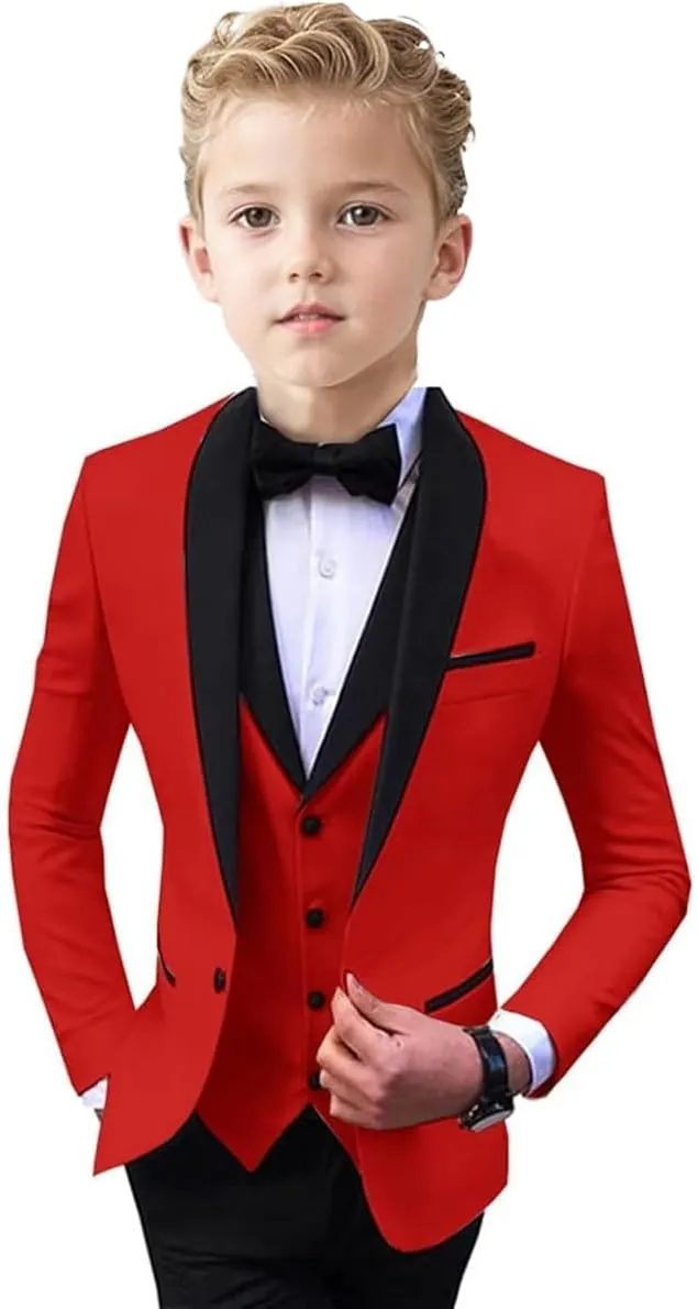 ProPoFol Boys Tuxedo 3 Piece Suit Set,Shawl Lapel Slim Fit Suit for Boys Wedding Outfit Blazer Vest Pants Set with Bow Tie