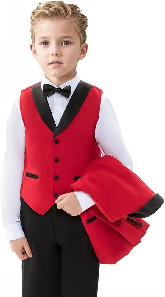 ProPoFol Boys Tuxedo 3 Piece Suit Set,Shawl Lapel Slim Fit Suit for Boys Wedding Outfit Blazer Vest Pants Set with Bow Tie