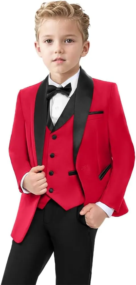 ProPoFol Boys Tuxedo 3 Piece Suit Set,Shawl Lapel Slim Fit Suit for Boys Wedding Outfit Blazer Vest Pants Set with Bow Tie