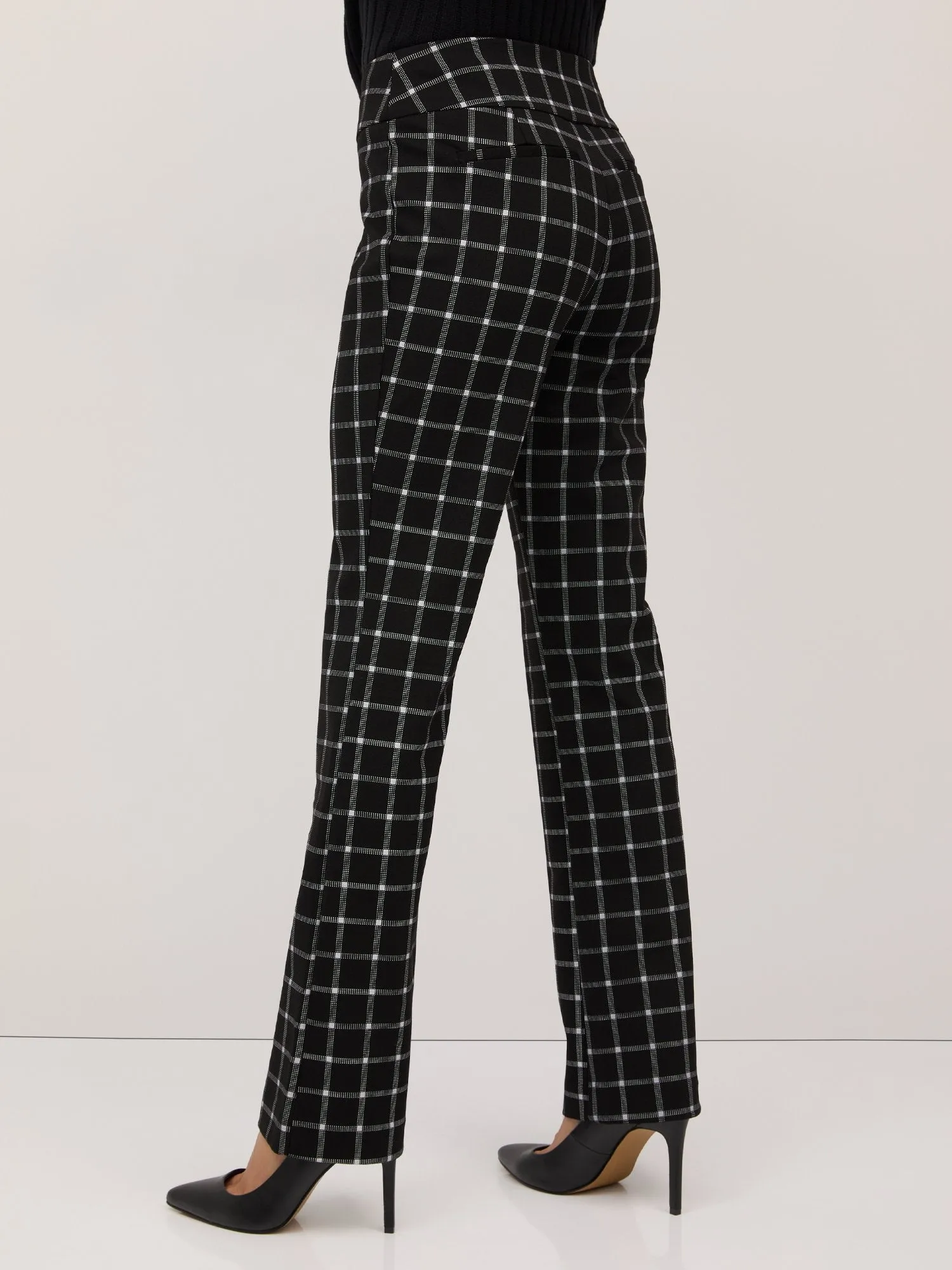 Pull-On Mid-Rise Windowpane-Print Bootcut Ponte Pant - Superflex