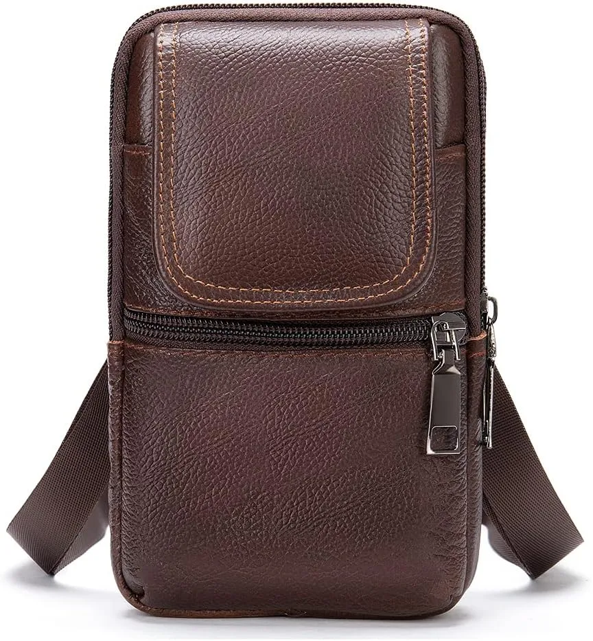 Small Cell Phone Belt Clip Holster Mens, Outdoor Vertical Phone Waist Bag Leather, Unisex Vertical Men Cell Phone Belt Holster Case Belt Waist Bag Travel Messenger Pouch Shoulder Pack Wallet, Black