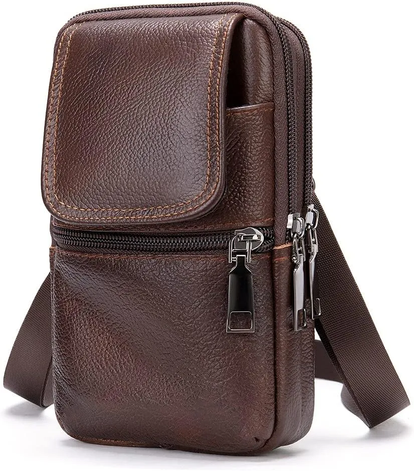 Small Cell Phone Belt Clip Holster Mens, Outdoor Vertical Phone Waist Bag Leather, Unisex Vertical Men Cell Phone Belt Holster Case Belt Waist Bag Travel Messenger Pouch Shoulder Pack Wallet, Black