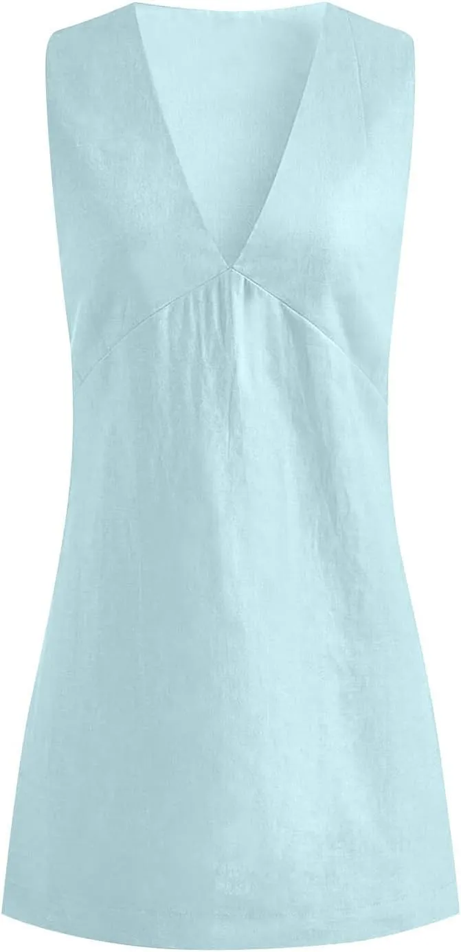 Tank Dresses for Women Summer Casual Loose Fit V Neck Sleeveless Sundress Trendy Solid Beach Vacation Mini Dress