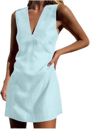 Tank Dresses for Women Summer Casual Loose Fit V Neck Sleeveless Sundress Trendy Solid Beach Vacation Mini Dress