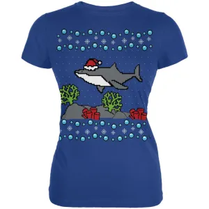 Ugly Christmas Sweater Shark Santa Hat Juniors Soft T Shirt
