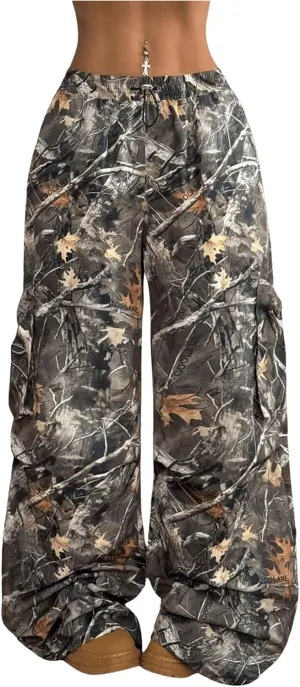 Verdusa Women's Camo Cargo Y2K Flare Pants Drawstring Waist Straight Leg Loose Trousers with Pockets