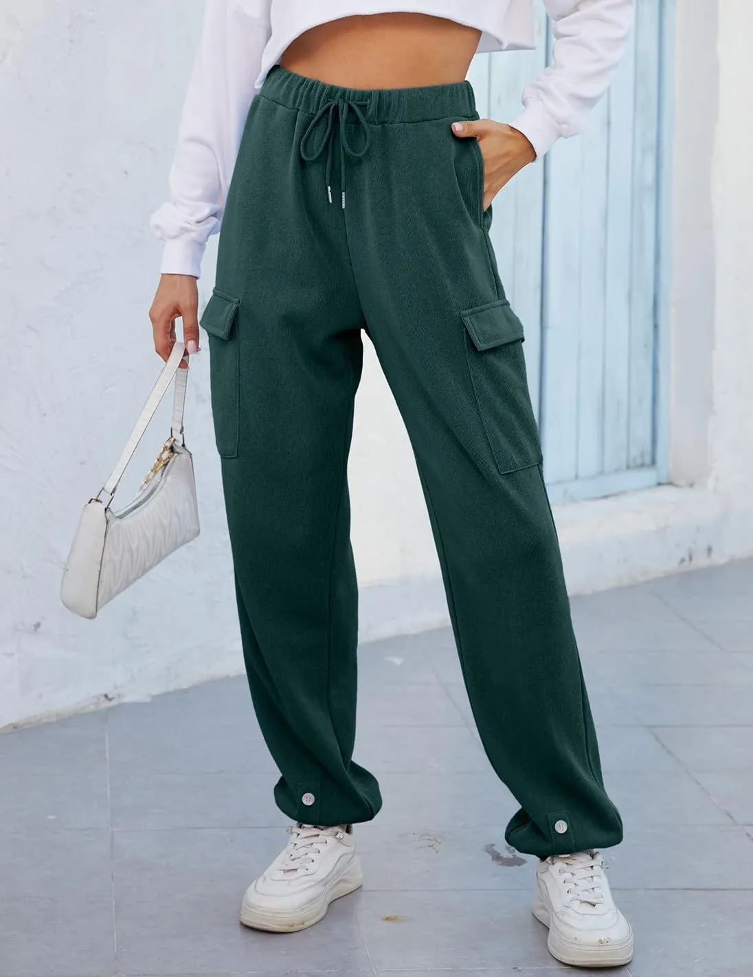 Women Cinch Bottom Cargo Sweatpants Casual Baggy High Waisted Wide Leg Joggers Pants Trousers with Pockets