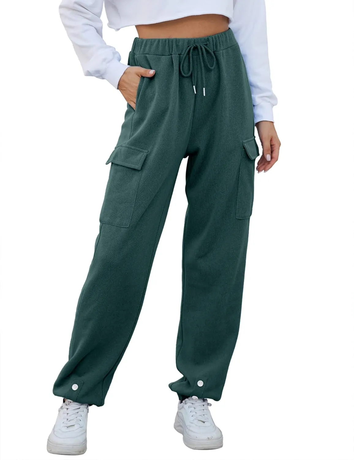 Women Cinch Bottom Cargo Sweatpants Casual Baggy High Waisted Wide Leg Joggers Pants Trousers with Pockets