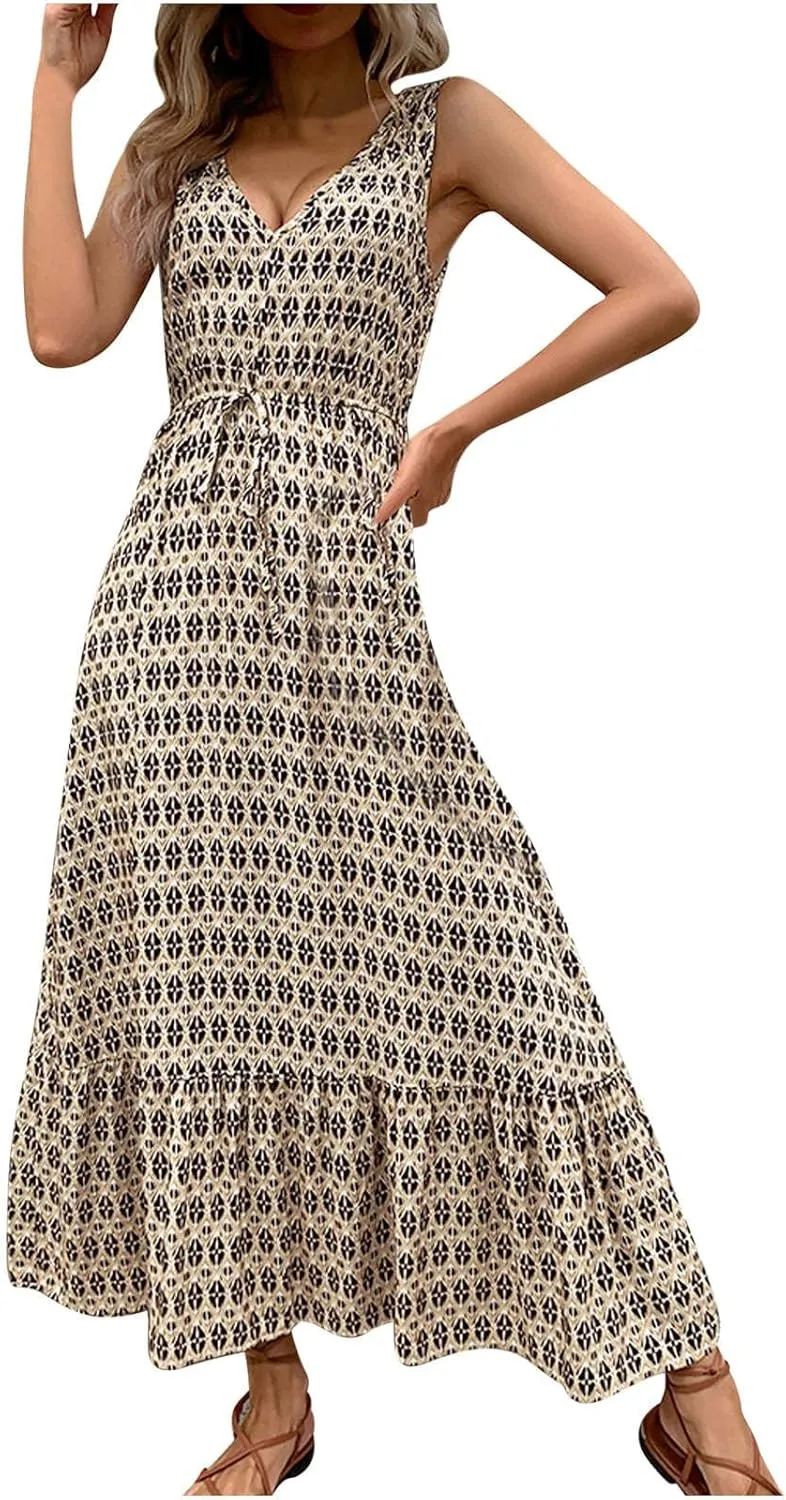 Women's 2024 Summer Dresses Casual Boho Beach Sundress Sleeveless V Neck Flowy Ruffle Floral Print Long Maxi Dresses