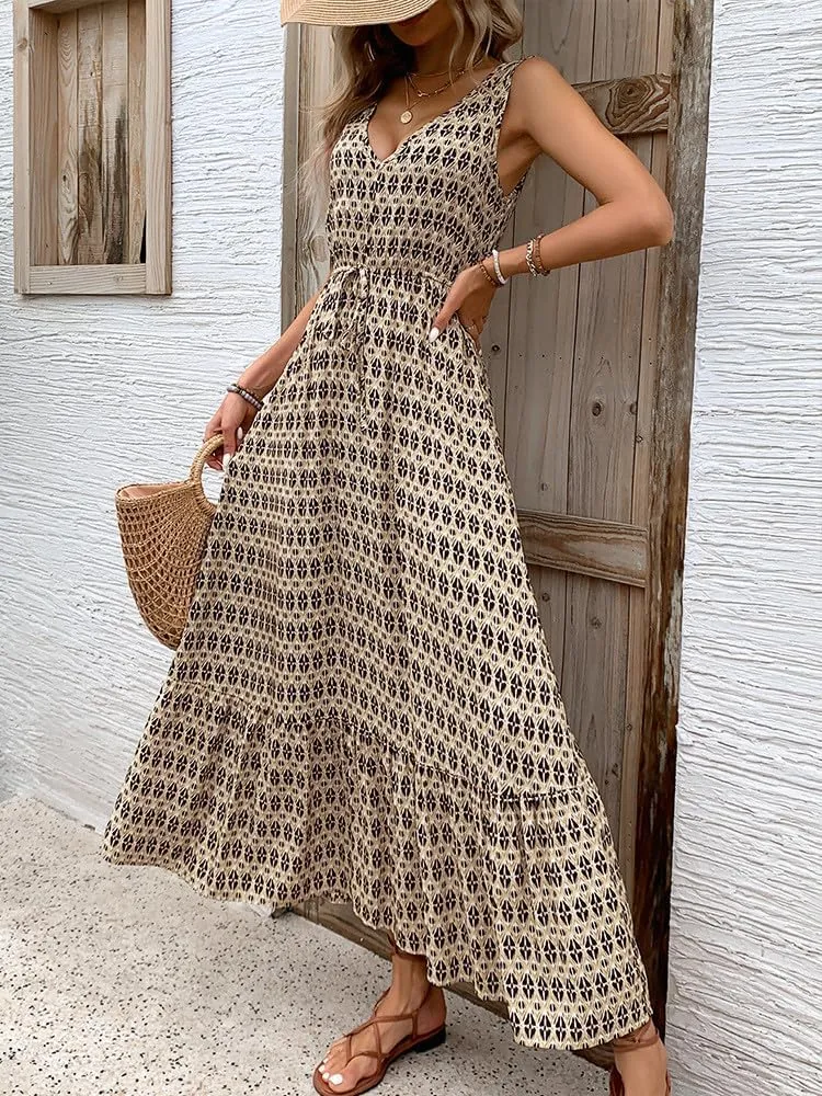 Women's 2024 Summer Dresses Casual Boho Beach Sundress Sleeveless V Neck Flowy Ruffle Floral Print Long Maxi Dresses