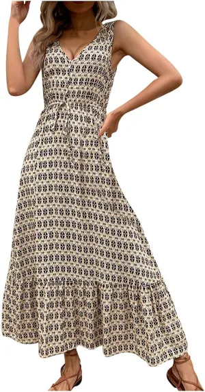Women's 2024 Summer Dresses Casual Boho Beach Sundress Sleeveless V Neck Flowy Ruffle Floral Print Long Maxi Dresses