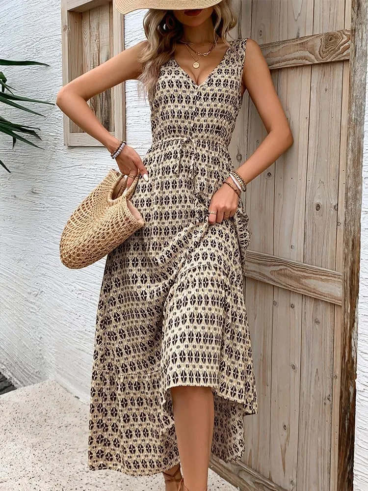 Women's 2024 Summer Dresses Casual Boho Beach Sundress Sleeveless V Neck Flowy Ruffle Floral Print Long Maxi Dresses