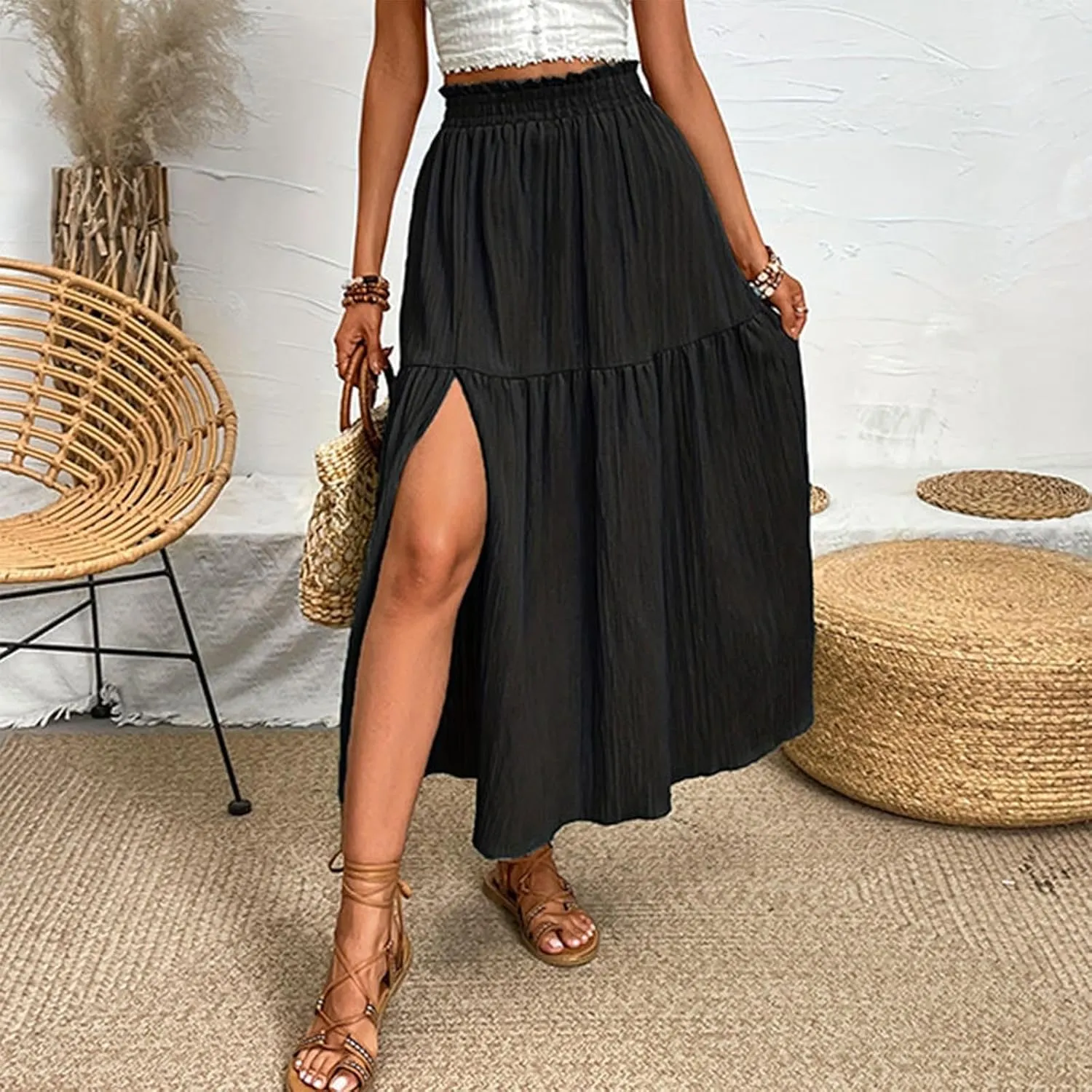 Womens Split Maxi Skirt Swing Ruffle High Waist Pleated Pencil Long Skirt Elastic Flowy Boho Beach Midi Skirt