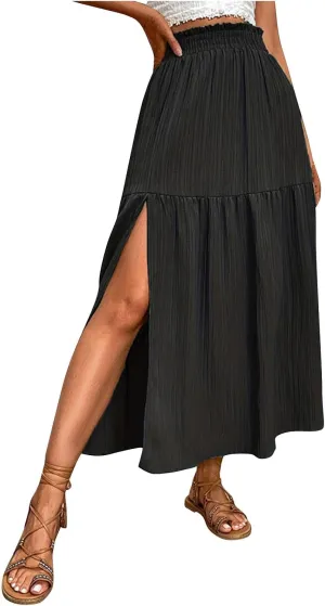 Womens Split Maxi Skirt Swing Ruffle High Waist Pleated Pencil Long Skirt Elastic Flowy Boho Beach Midi Skirt