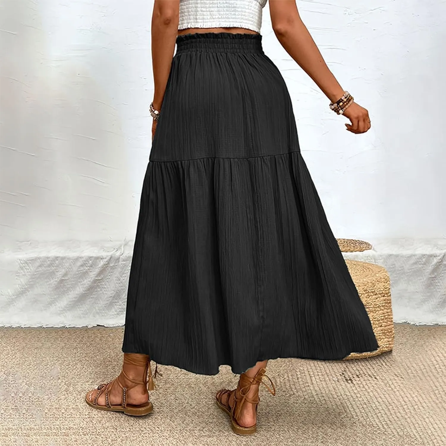 Womens Split Maxi Skirt Swing Ruffle High Waist Pleated Pencil Long Skirt Elastic Flowy Boho Beach Midi Skirt