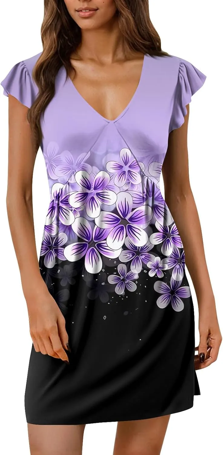Women's Summer Dresses 2025 Casual Deep V Neck Ruffle Short Sleeve Mini Dress Solid Beach Vacation Party Sundress