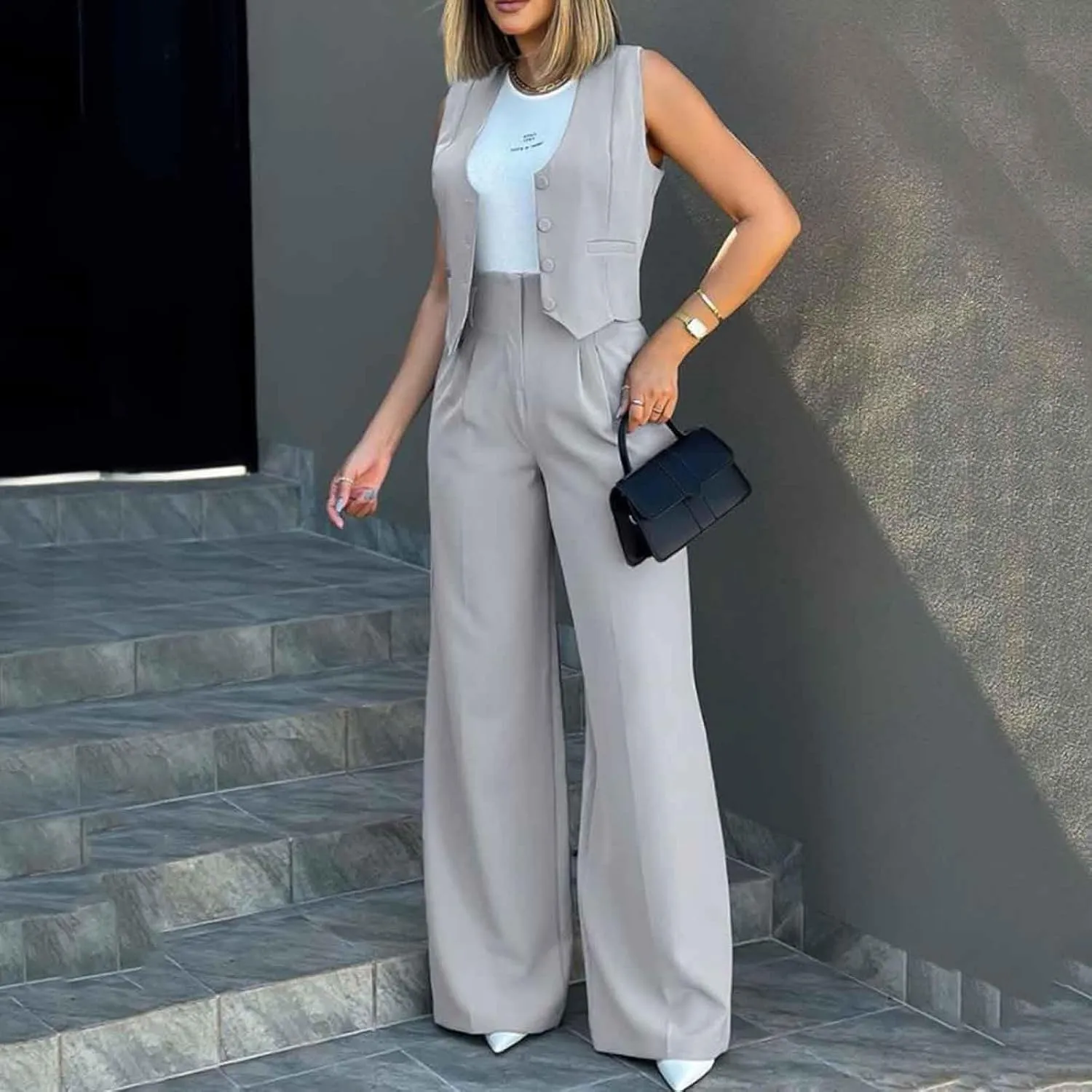 Womens Two Piece Outfits Summer Comfy Sets Sleeveless button down jacket baggy wide leg Blazer Pant workout tracksuit