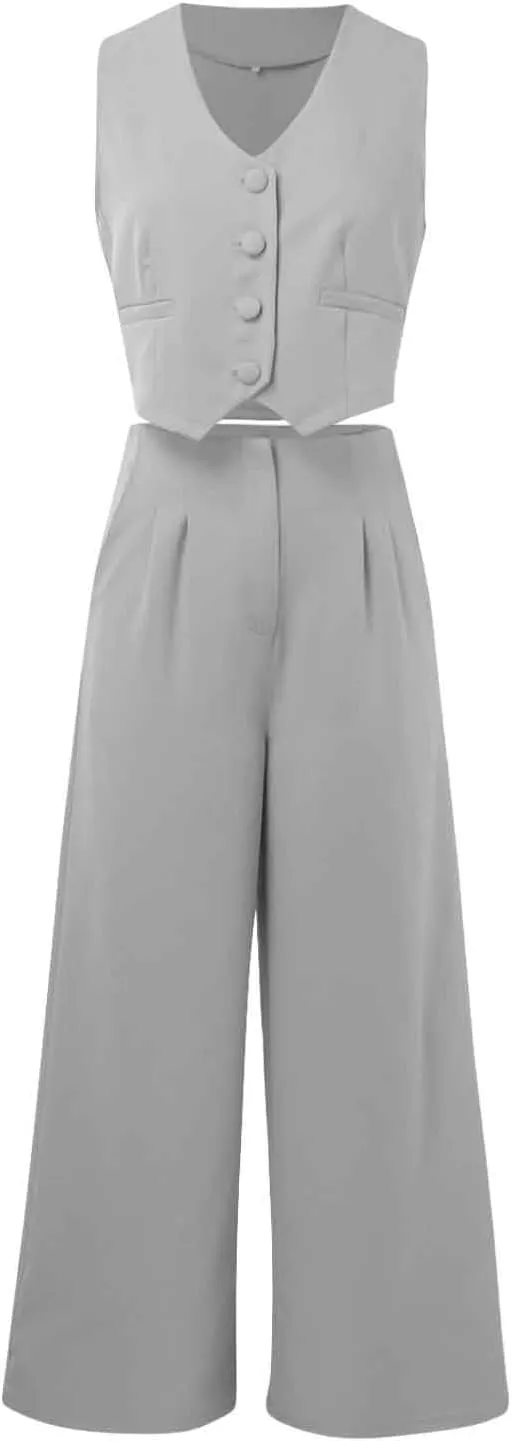 Womens Two Piece Outfits Summer Comfy Sets Sleeveless button down jacket baggy wide leg Blazer Pant workout tracksuit